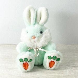 Vintage Pale Green White Bunny Rabbit Plush Stuffed Animal Satin Carrot Feet 9"